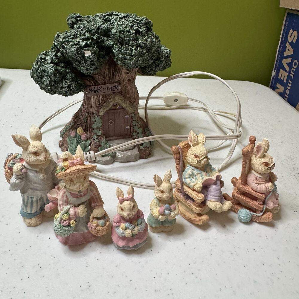 7 Pc Bunny and Lighted‎ Tree House Set 90s Resin Easter Spring Decoration Box - Picture 11 of 12